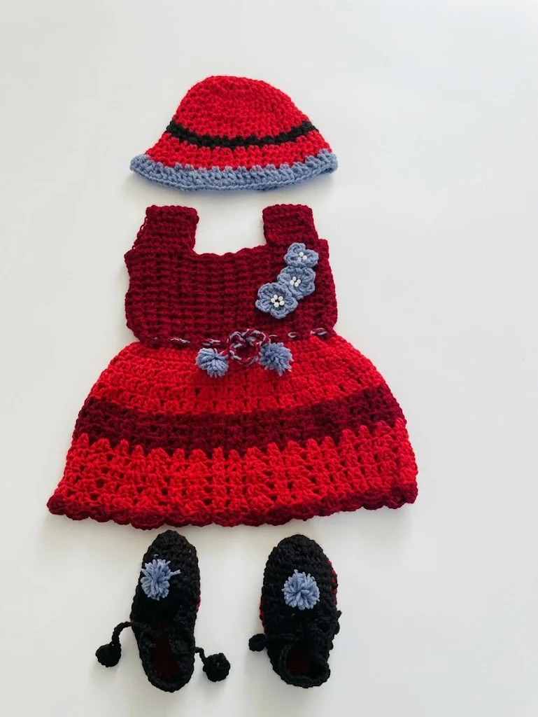Hand-Crocheted Baby Dress Hat Shoes Set Red Black Blue